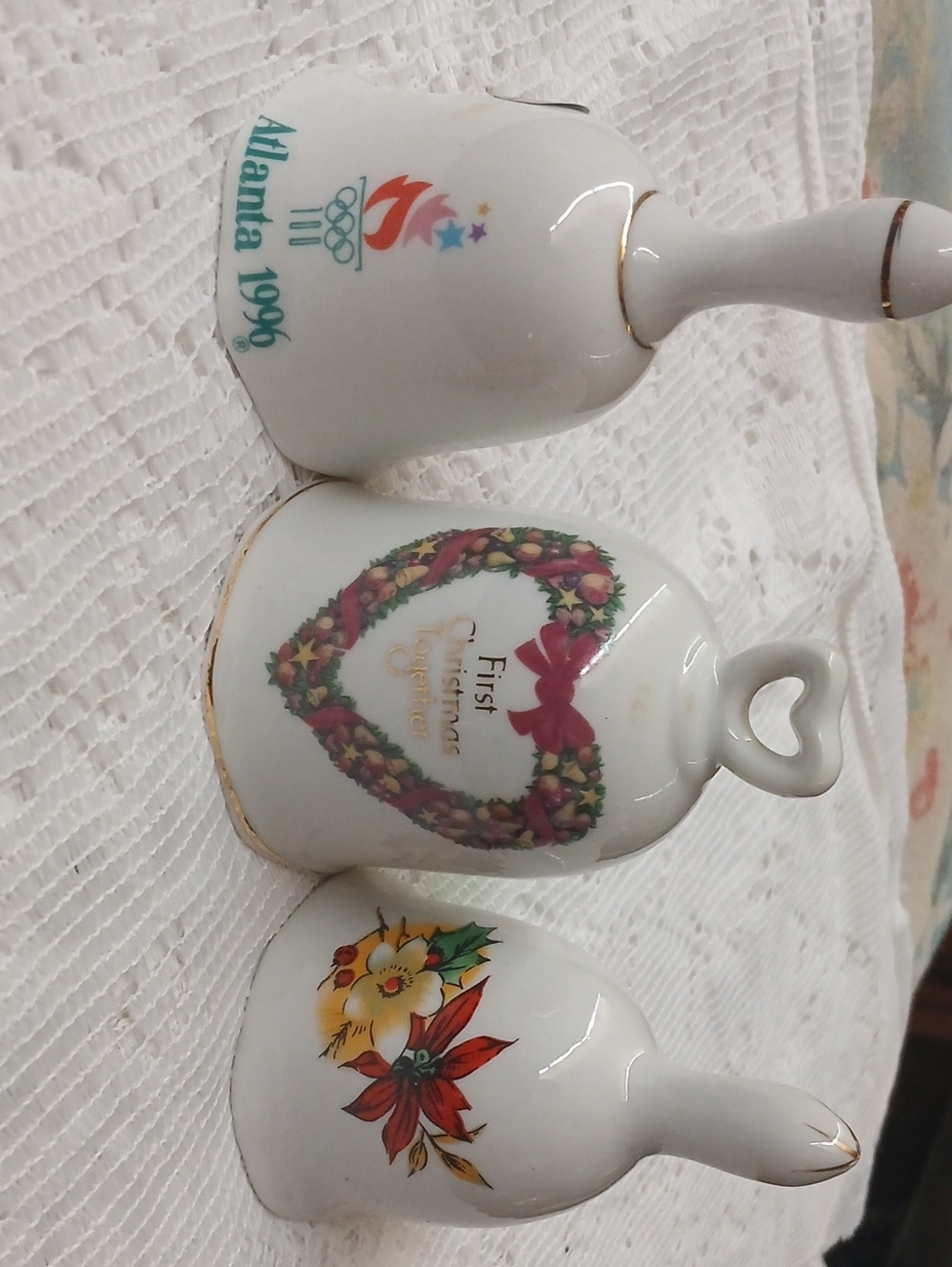 Set of Three White Ceramic Holiday Bells with Gold Trim Set Of 3